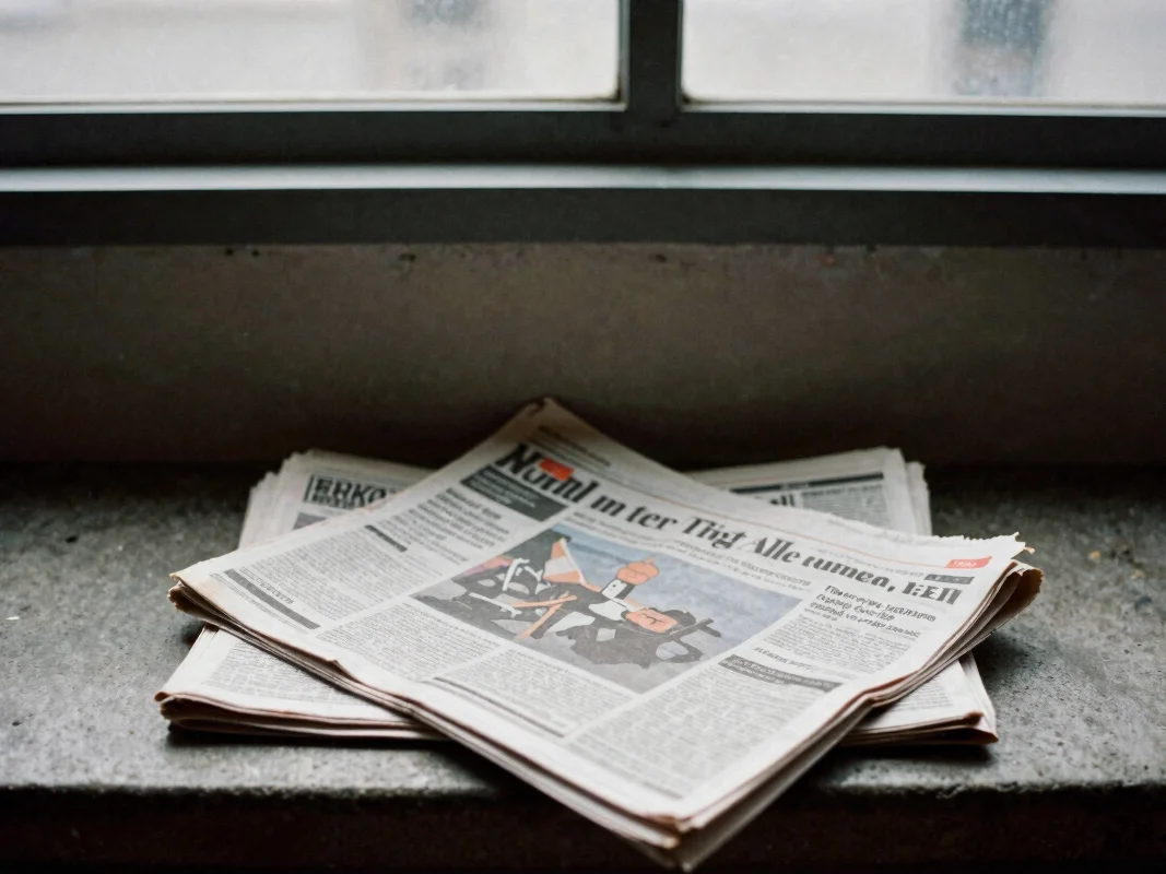 Tight editorial crop of a worn, folded newspaper on a concrete be