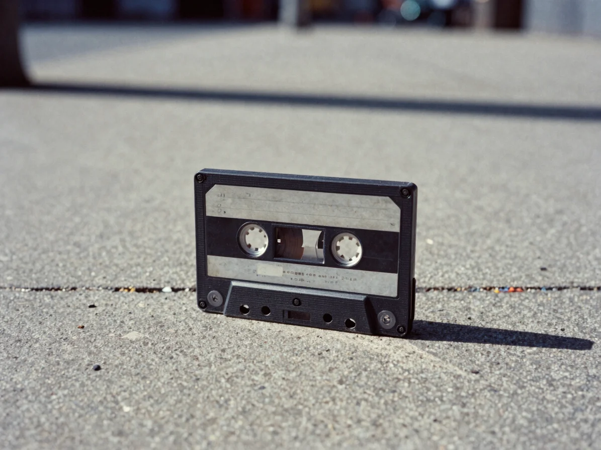 Conceptual editorial object: a single, worn, unspooled cassette t