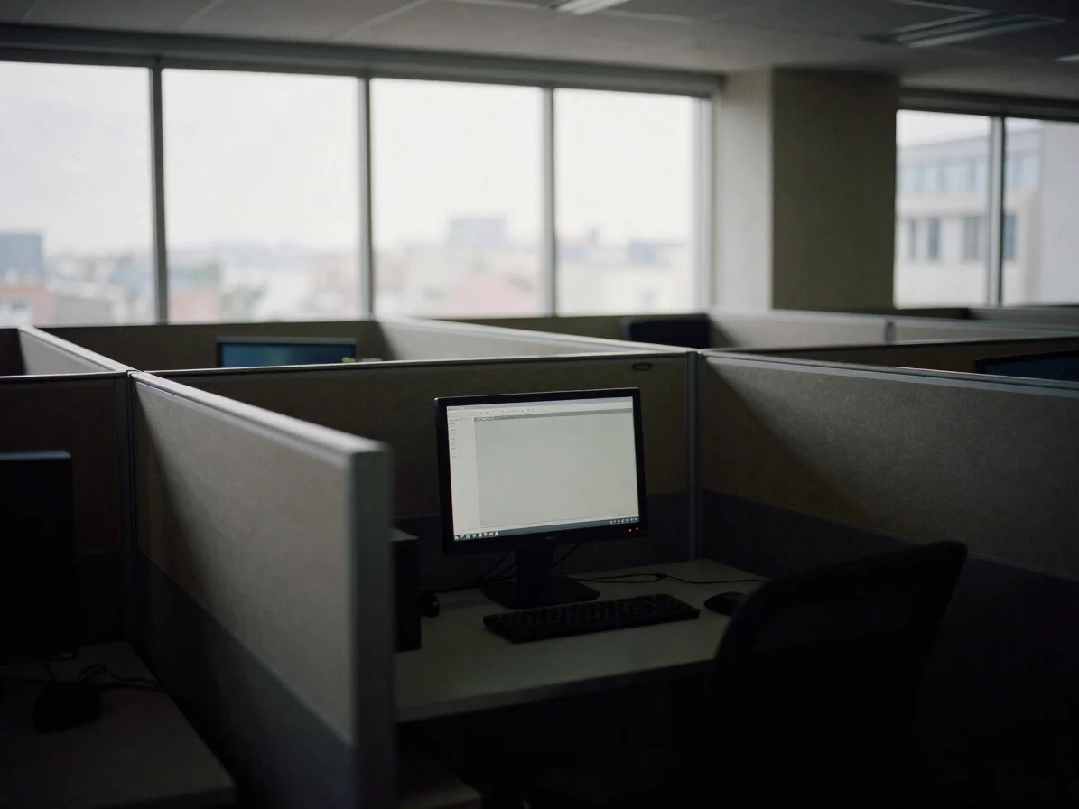 Quiet atmospheric wide angle of an empty office cubicle, a single